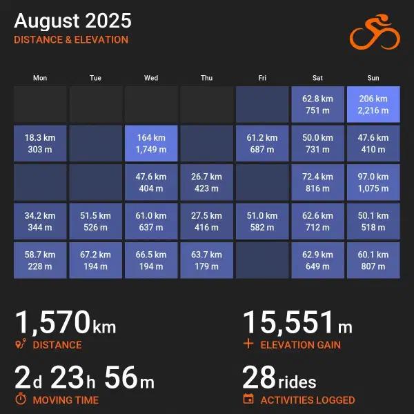 August 2025 cycling distance and elevation summary. Calendar grid with days of the week Monday to Sunday. Each date square shows kilometres ridden and metres climbed. Notable rides: 206 km with 2,216 m elevation on Sunday 3 August; 164 km with 1,749 m on Wednesday 6 August. Totals at bottom: 1,570 km distance, 15,551 m elevation gain, 2 days 23 hours 56 minutes moving time, 28 rides logged. Orange bicycle icon in top right.