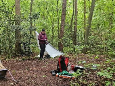 The first nights pitch. A few km past Antwerp. The woods were a stones throw from the canal side cycle path. A one man tent and bivy pitched in some deciduous woods.