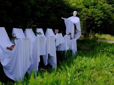 Not really sure what this was about. Looked a bit strange. May have been religious. Outdoor installation of robed white mannequin figures arranged like a procession