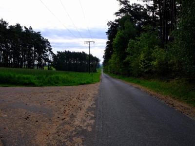 A long straight road somewhere in rural Germany. Straight rural road between fields and forest with power lines overhead.