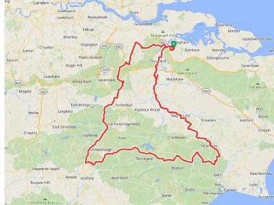 Long cycling route map looping across west Kent with 205 km distance, elevation profile and stats at the bottom.